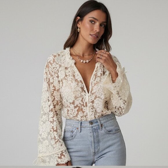 Boho Embroidered Lace Sheer Blouse Beige - Picture 1 of 5